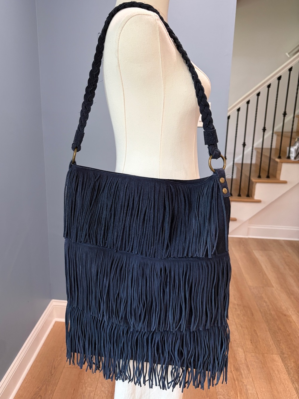 Rare Large Paul & Joe Sister Navy Suede Fringe Shoulder Bag